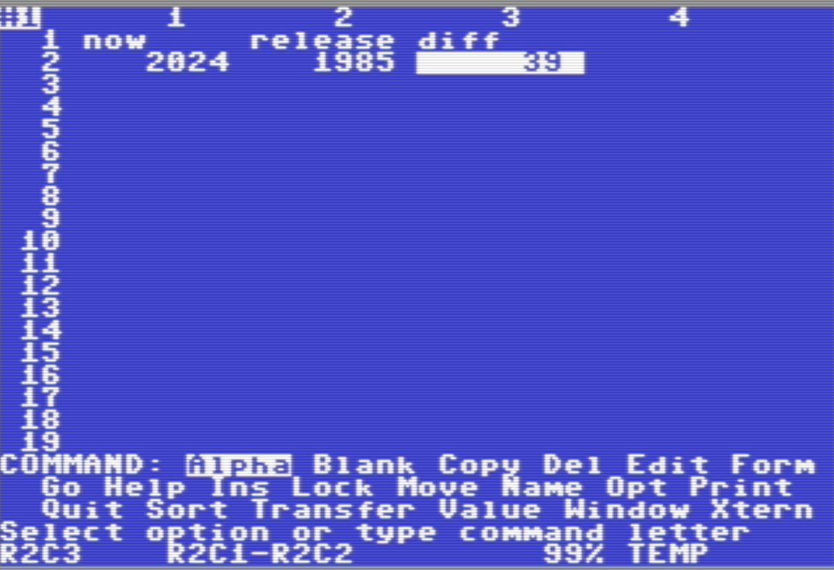 Le #Commodore64 c'était bcp de jeux (~70%) mais aussi d'autres logiciels: ici Multiplan un des 1ers tableurs suivant VisiCalc. Développé par #Microsoft sous CP/M mais en p-code pour la portabilité d'où ce port. Décodez le calcul ⬇️ et la syntaxe pour référencer une cellule !