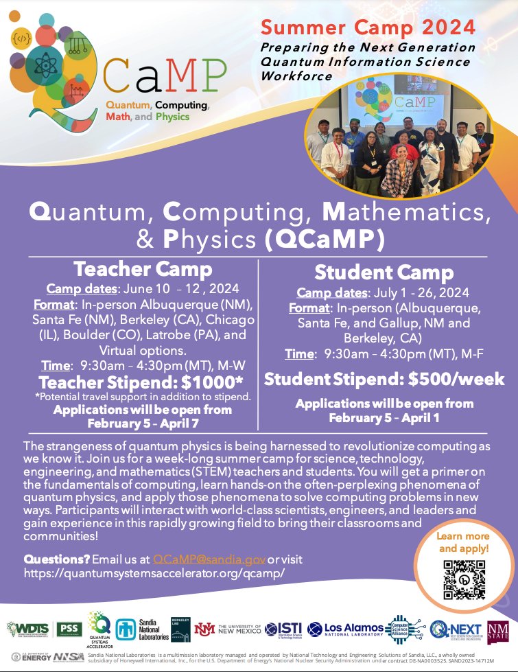 QCaMP registration closes this week! ⏳🔔High school students and teachers, check out the ALL the locations. More info: quantumsystemsaccelerator.org/diversity/qcam… #QuantumComputing #STEMeducation