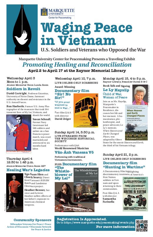 #WagingPeaceInVietnam: 'US Soldiers & Veterans Who Opposed the War' exhibit coming to @mupeacemaking April 2-17, Raynor Memorial Library 

Also a student #EssayContest with $500 prize!

Sponsored by @VFPNational #Milwaukee Chapter 102 (@vfpmke102)