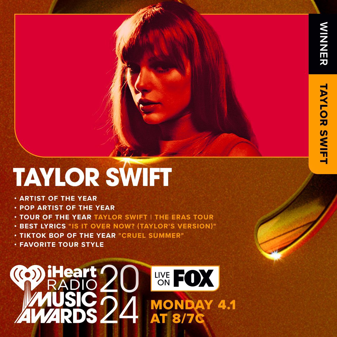 2024 #iHeartAwards 테일러스위프트 6관왕
🏆 Artist Of The Year
🏆 Pop Artist Of The Year
🏆 Tour Of The Year – The Eras Tour
🏆 Best Lyrics – Is It Over Now
🏆 TikTok Bop Of The Year – Cruel Summer
🏆 Favorite Tour Style