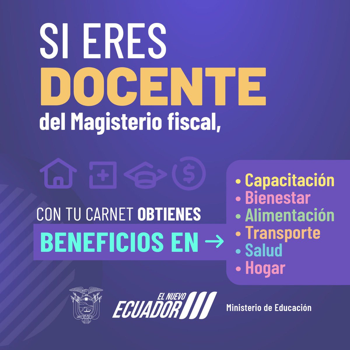 Educacion_Ec's tweet photo. Nuestros docentes son el corazón del sistema educativo, por eso el Mineduc ha conformado  la Red de Bienestar Docente, que ofrece múltiples beneficios en transporte, alimentación, hogar, salud, capacitación, entre otros. 🏠🏥📚

Si eres docente del Magisterio fiscal obtén  tu carnet digital para acceder a estos beneficios. ⬇️

¡Carnetízate!
Entérate más ➡ https://t.co/hnGsvEVRqT

#ElNuevoEcuador
#MiProfeMiInfluencer