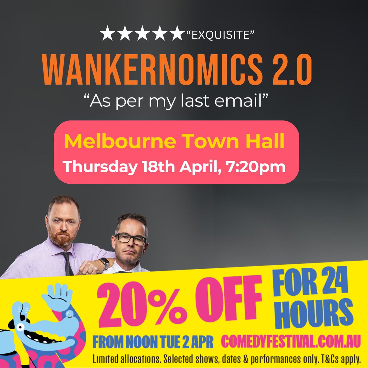 MELBOURNE! Get 20% off for the next 24 hours. Get tickets here: comedyfestival.com.au/2024/shows/wan…