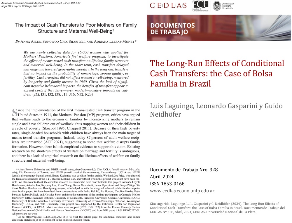 New evidence on #cashtransfers in the long-run! US: cash to women in 1911-30 had no effect on fertility ➡️Aizer et al: pubs.aeaweb.org/doi/pdfplus/10… Brazil: transfers in childhood reduce assistance as adults & increase earnings ➡️Laguinge et al: cedlas.econo.unlp.edu.ar/wp/wp-content/…