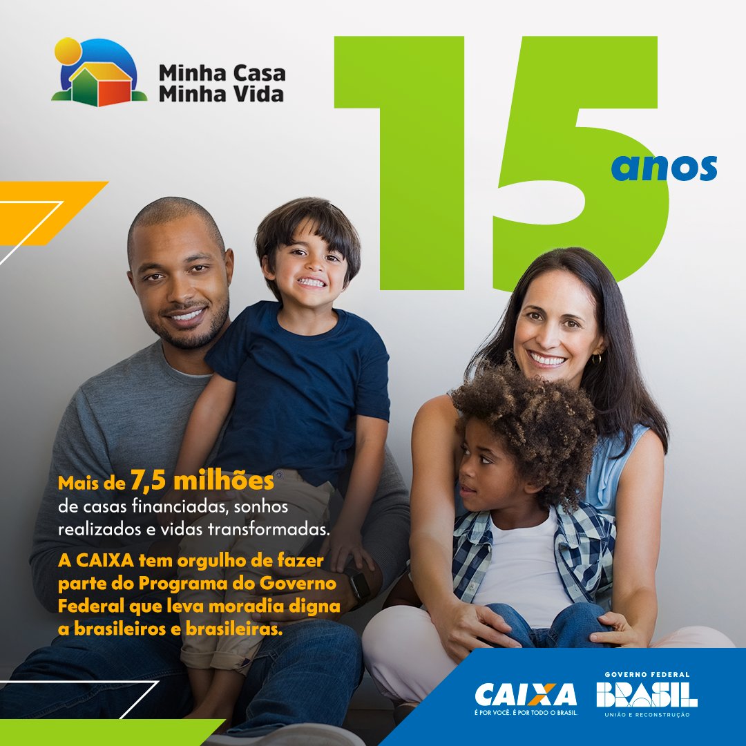 Trabalhar pelo povo brasileiro é realizar sonhos, garantir qualidade de vida e promover moradia digna. Há 15 anos, a #CAIXA, como maior agente financeiro do Minha Casa, Minha Vida, abre as portas para o sonho da casa própria de milhões de famílias.
#MCMV #PorVocê #PorTodoOBrasil