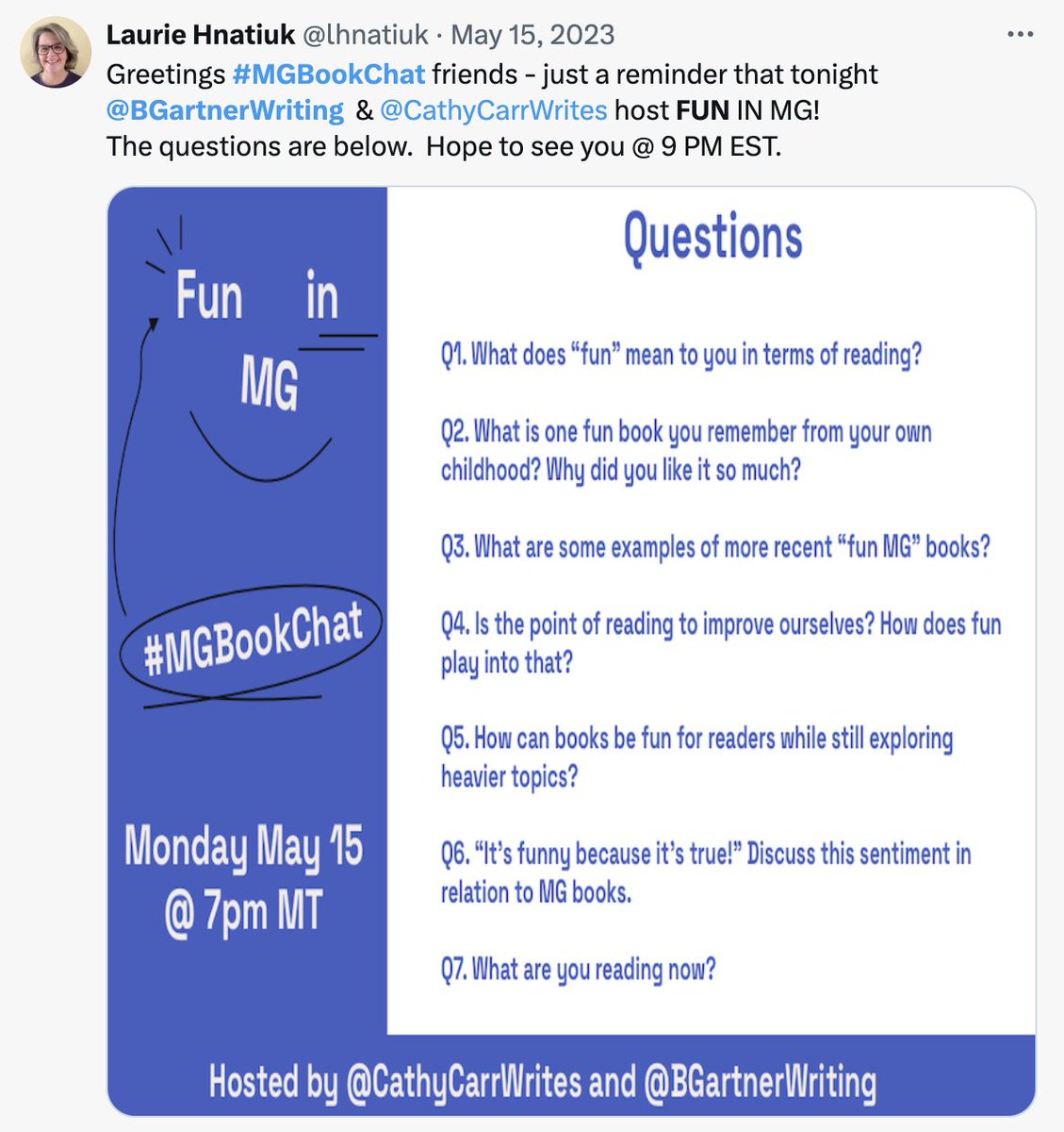 Throwback to the #MGBookChat I hosted with @CathyCarrWrites. 🎉😊