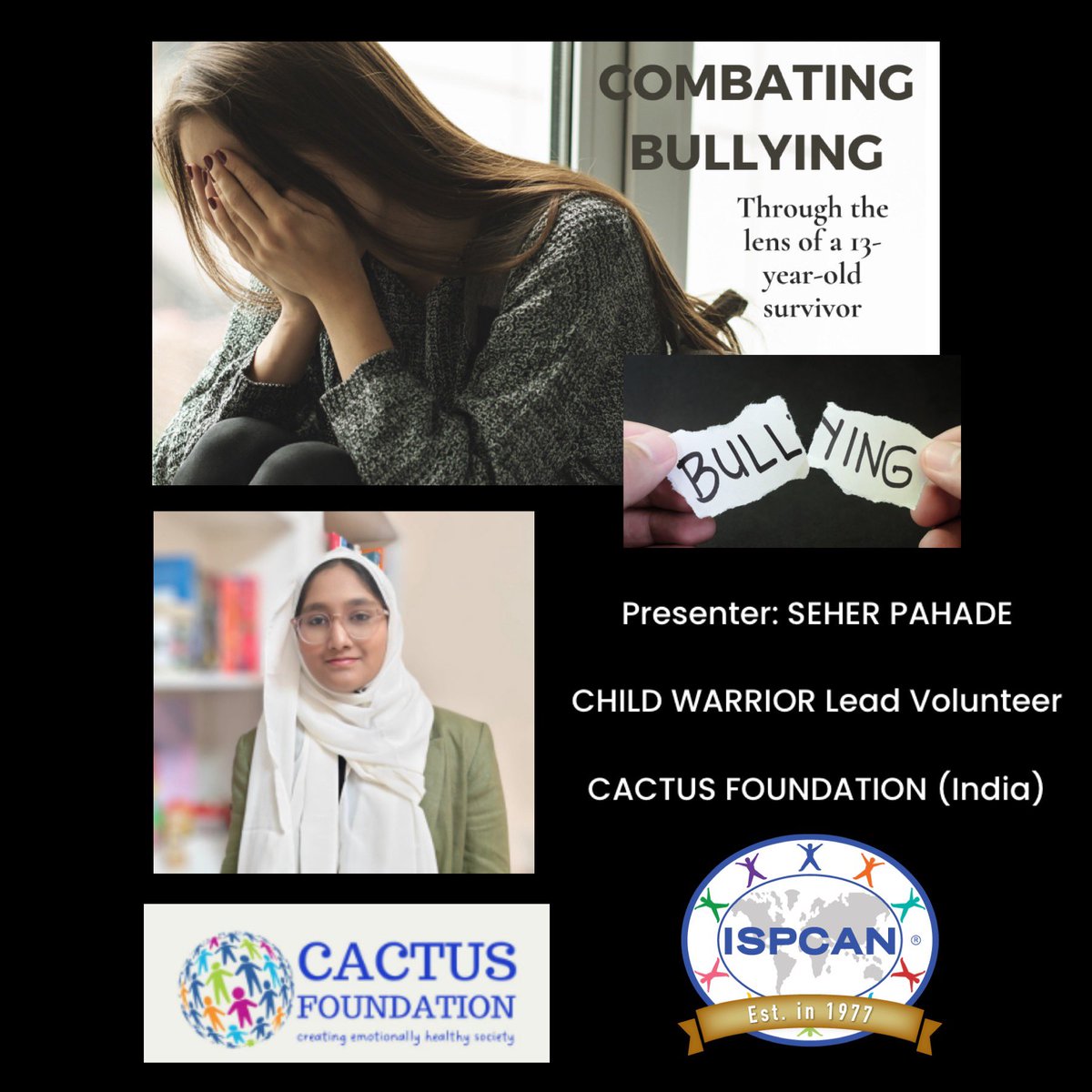 ISPCAN Webinar - April 17, 10:00am - 11:30am EDT. Please join us as we engage the voice of youth by understanding methods, strategies, and interventions to prevent all forms of bullying authored and presented by a young survivor. Learn ways to create a safe physical, emotional