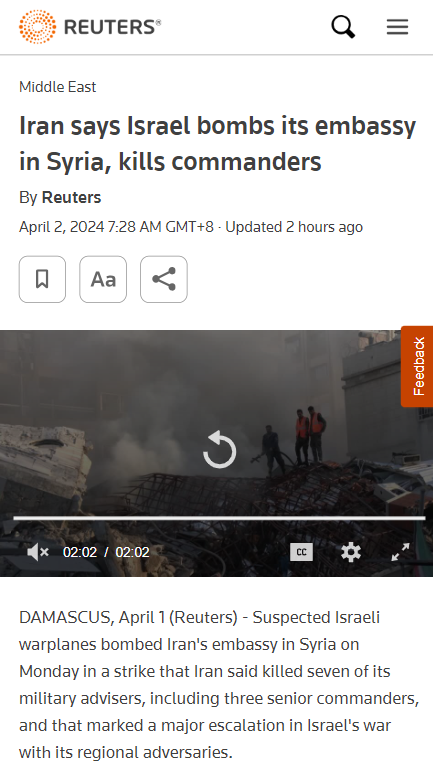 There is no overstating just how absolutely insane this is. There is no precedent - NONE - of a state deliberately bombing an embassy. It didn't even happen during WW1, WW2 or even the 19th century. Heck even during the medieval era and Roman empire, the protection of envoys and