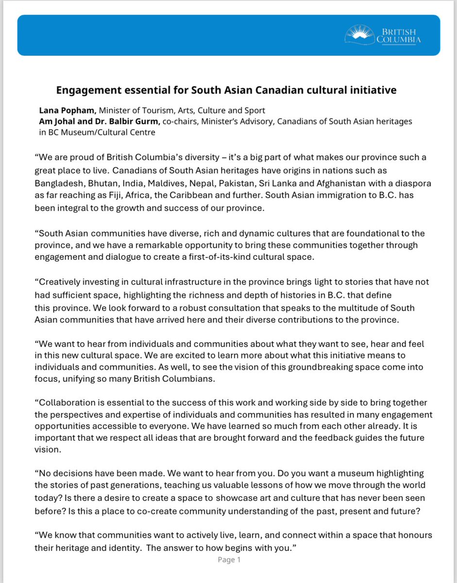 The progress we’ve made in our efforts to build a #LegacyProject that honours the history of Canadians of #SouthAsianHeritages in B.C. is energizing With the leadership of @amjohal, Dr. Balbir Gurm,& the entire advisory, I’m excited to launch this next phase of public engagement