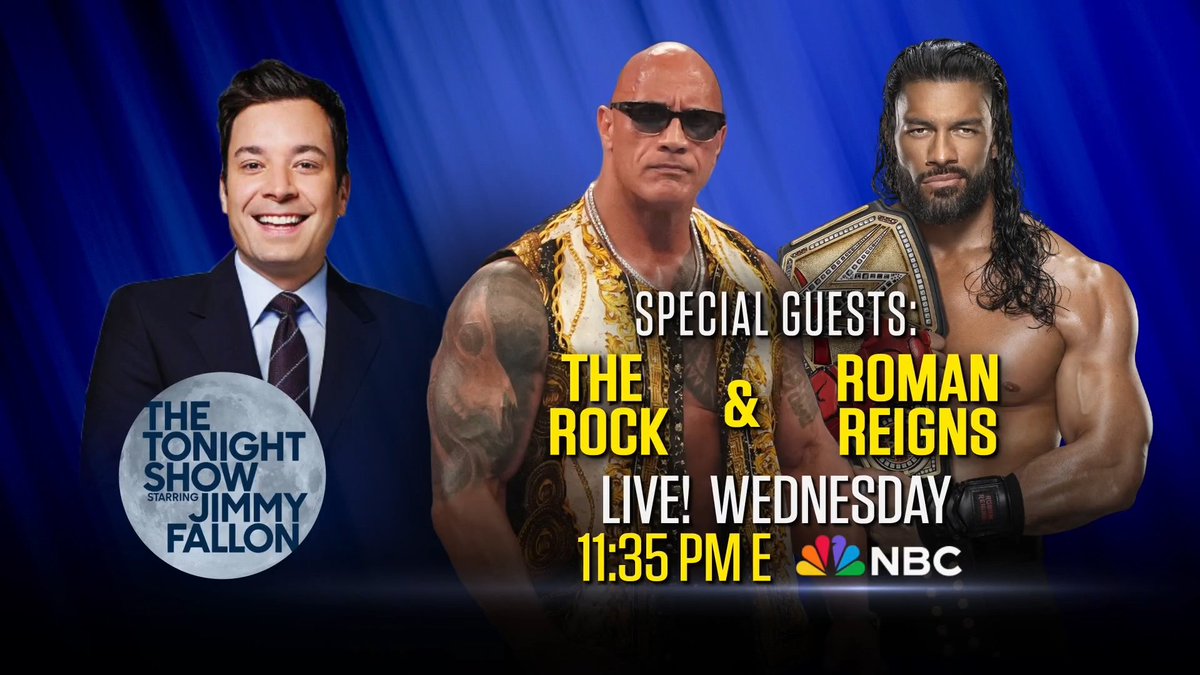 The Final Boss. The Tribal Chief. The Tonight Show. ☝️ @TheRock & @WWERomanReigns join @jimmyfallon on @FallonTonight LIVE this Wednesday at 11:35 PM E on @nbc!