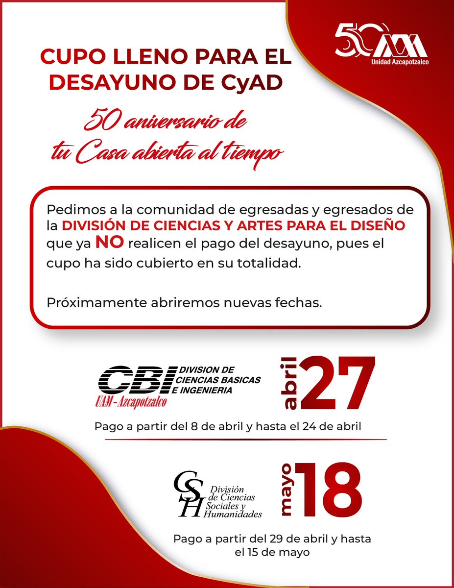 ¡ATENCIÓN, COMUNIDAD DE EGRESADOS(AS)! ¡El cupo para el desayuno de egresados(as) CyAD está completo! Próximamente abriremos nuevas fechas. Para nuestros egresados(as) de CBI y CSH, volveremos a abrir el registro en las fechas indicadas.