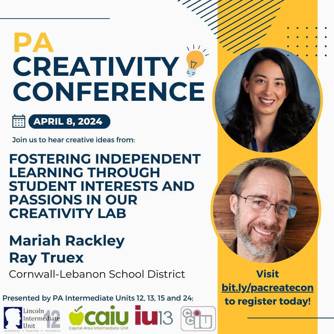 Honored & excited to present with my friend @TruexCreateLab at the #PACreativityConference next week. Wait until you hear how he has transformed this course into a favorite at #CCMS! It’s not to late to sign up! Visit bit.ly/pacreatecon today to register! #FalconPride