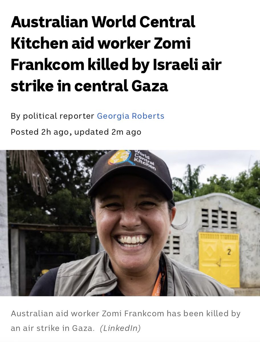 RIP Australian Zomi Frankcom reportedly killed by an Israeli airstrike in #Gaza People like Zomi are absolute heroes. Rushing in to help as Gazans are being starved, while our leaders provide cover for these Israeli crimes. Heartbroken for her family abc.net.au/news/2024-04-0…