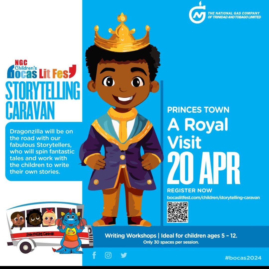 The NGC Children’s Bocas Lit Fest Storytelling Caravan heads to the Princes Town Library @NALISTT Register your child for a FREE workshop on storytelling, ideal for children 5-12 years of age. events.bocaslitfest.com/?ff_landing=7 #bocas2024 Powered by @NGCGascoNewsTT