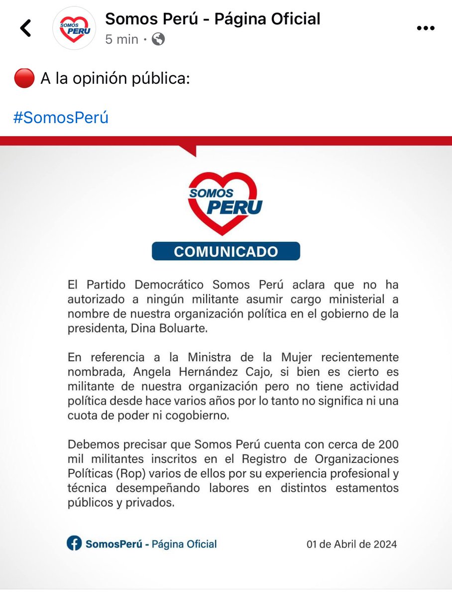 El Partido Somos Perú aclara la situación de la ministra de la mujer. Ni recomendaciones ni co gobierno. Claro como el agua.