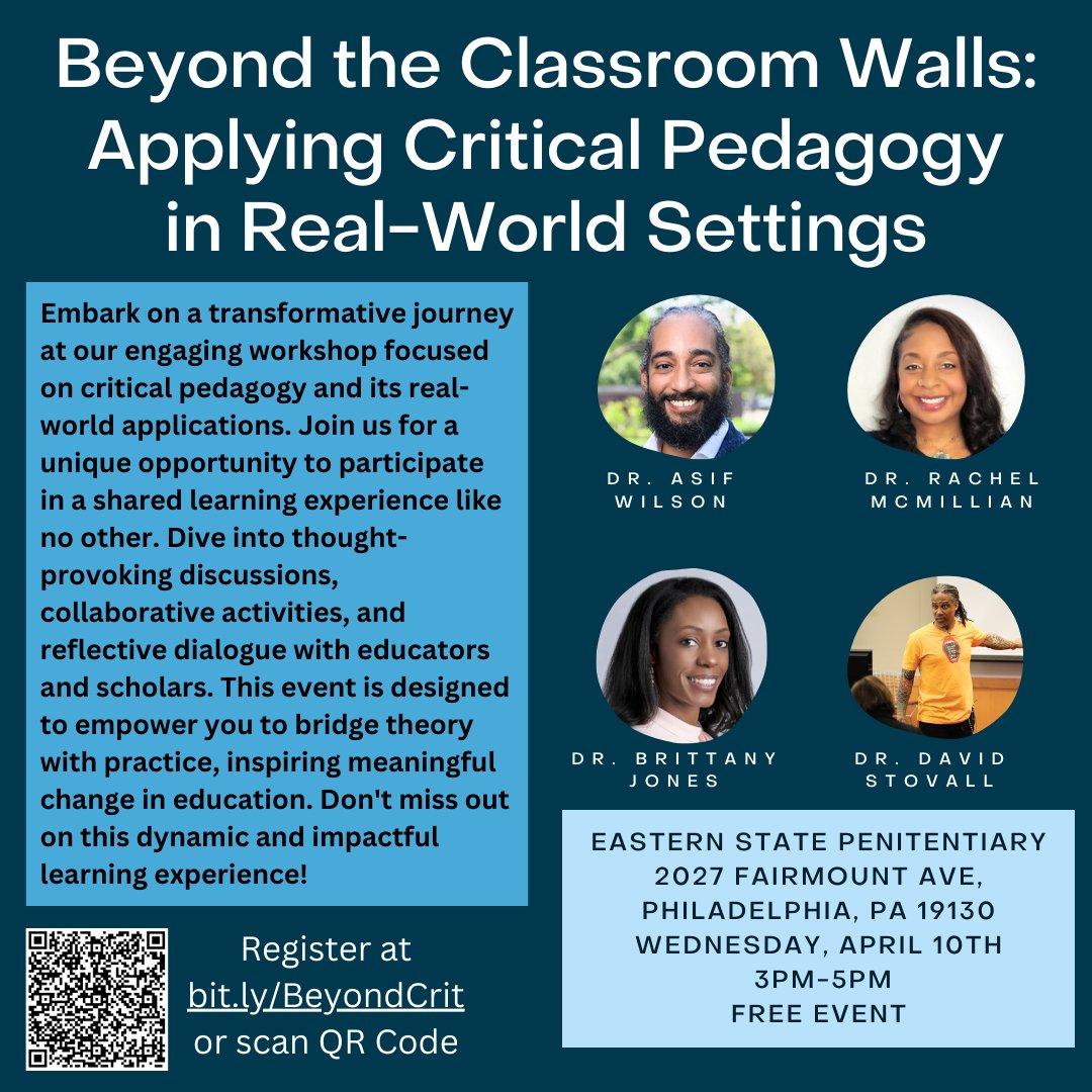 🌟 Join us for this transformative workshop at Eastern State Penitentiary! 🌟 Don't miss out on this dynamic and impactful event! Featuring the following dynamic scholars: David Stovall, Rachel McMillian, Brittany Jones, & Asif Wilson 🗓️ Date: April 10, 2024 🕒 Time: 3PM-5PM