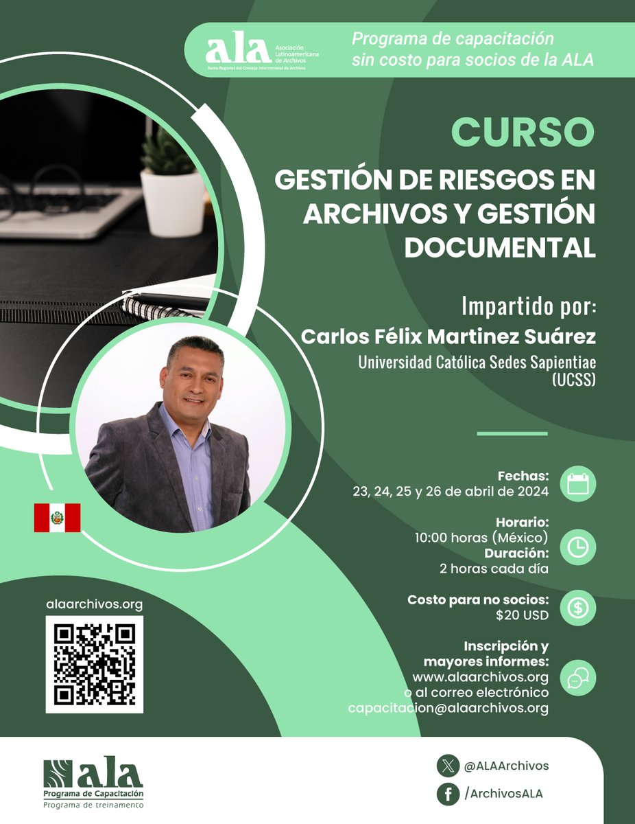 ALAArchivos's tweet photo. #NoTeLoPierdas ya puedes inscribirte al curso "Gestión de riesgos en archivos y gestión documental"
Impartido por: Carlos Félix Martínez Suárez (Perú)

Mayor información e inscripciones aquí: https://t.co/XEr9rlbjkO https://t.co/R2c6ceLUbp