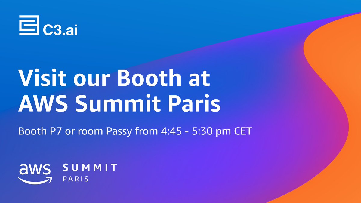 C3_AI's tweet photo. #AWSSummitParis is coming up on April 3rd!

Stop by booth P7 or room Passy at 4:45 to 5:30 pm CET to learn about our products like C3 Generative AI, C3 AI ESG, C3 AI Reliability, and more. #AWSPartners https://t.co/nyJ0zNzvUI