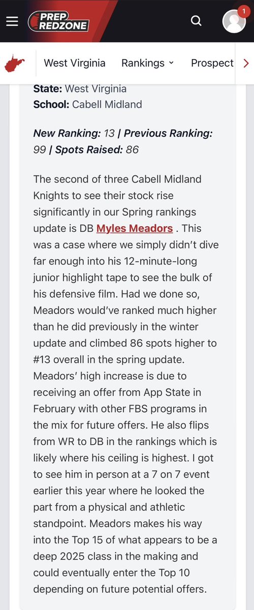 m.meadors (@mylesmeadors13) on Twitter photo Thanks <a href="/PrepRedzoneWV/">Prep Redzone West Virginia</a> for the new rankings and write up! Excited to see where I’ll be next article!!
<a href="/CoachCParker/">Coach Parker</a> <a href="/vkehres/">Vince Kehres</a> <a href="/EddieWhitley37/">Eddie Whitley</a> <a href="/JMUFBRecruiting/">JMU Football Recruiting</a>
<a href="/SGilletteUK/">Stephen H. Gillette</a> <a href="/BrianHainesb/">Brian Haines</a> <a href="/CoachRodWest/">Rod West</a> <a href="/Backendcoach12/">ShaDon Brown</a> Thanks <a href="/PrepRedzoneWV/">Prep Redzone West Virginia</a> for the new rankings and write up! Excited to see where I’ll be next article!!
<a href="/CoachCParker/">Coach Parker</a> <a href="/vkehres/">Vince Kehres</a> <a href="/EddieWhitley37/">Eddie Whitley</a> <a href="/JMUFBRecruiting/">JMU Football Recruiting</a>
<a href="/SGilletteUK/">Stephen H. Gillette</a> <a href="/BrianHainesb/">Brian Haines</a> <a href="/CoachRodWest/">Rod West</a> <a href="/Backendcoach12/">ShaDon Brown</a>