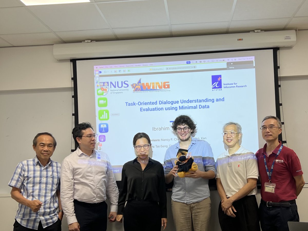 Tebrikler 🍾Dr Taha Aksu🧑‍🎓 in defending his thesis ✨Task-Oriented Dialogue Understanding and Evaluation using Minimal Data✨. Dr Aksu now w/ @salesforce AI in🇸🇬. Thx to examiners Tat-Seng, Brian, Ye and I2R co-sup Nancy Chen & family for their support! @wing_nus @NUSComputing