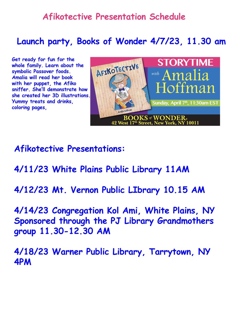 @#passover begins on April 22 and Afikotective Kar-Ben Publishing is ready for the kids.
I'm having a fun-filled launch party on Sunday, 4/7 , 11.30 AM at the one and only Books Of Wonder in NYC .
I'll also be presenting on other dates. My schedule is on this flyer.