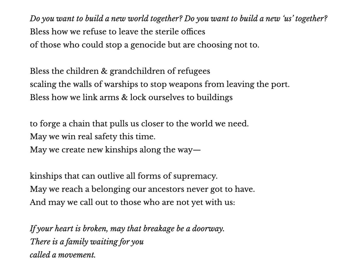 Thank you to everyone who pulls us closer to the world we need. Thank you to @shelbeleh for this poem and their organizing. “May new homes be formed between our marching shoulders.”