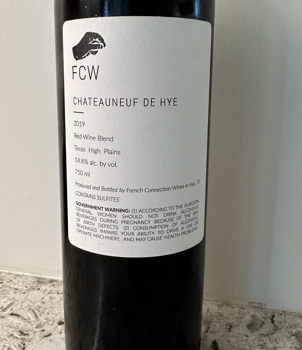 This is the @fcwineshye 2019 Chateauneuf De Hye. It is a blend of 39% Mourvèdre, 32% Grenache, 28% Syrah, and 1% Carignan. #txwine