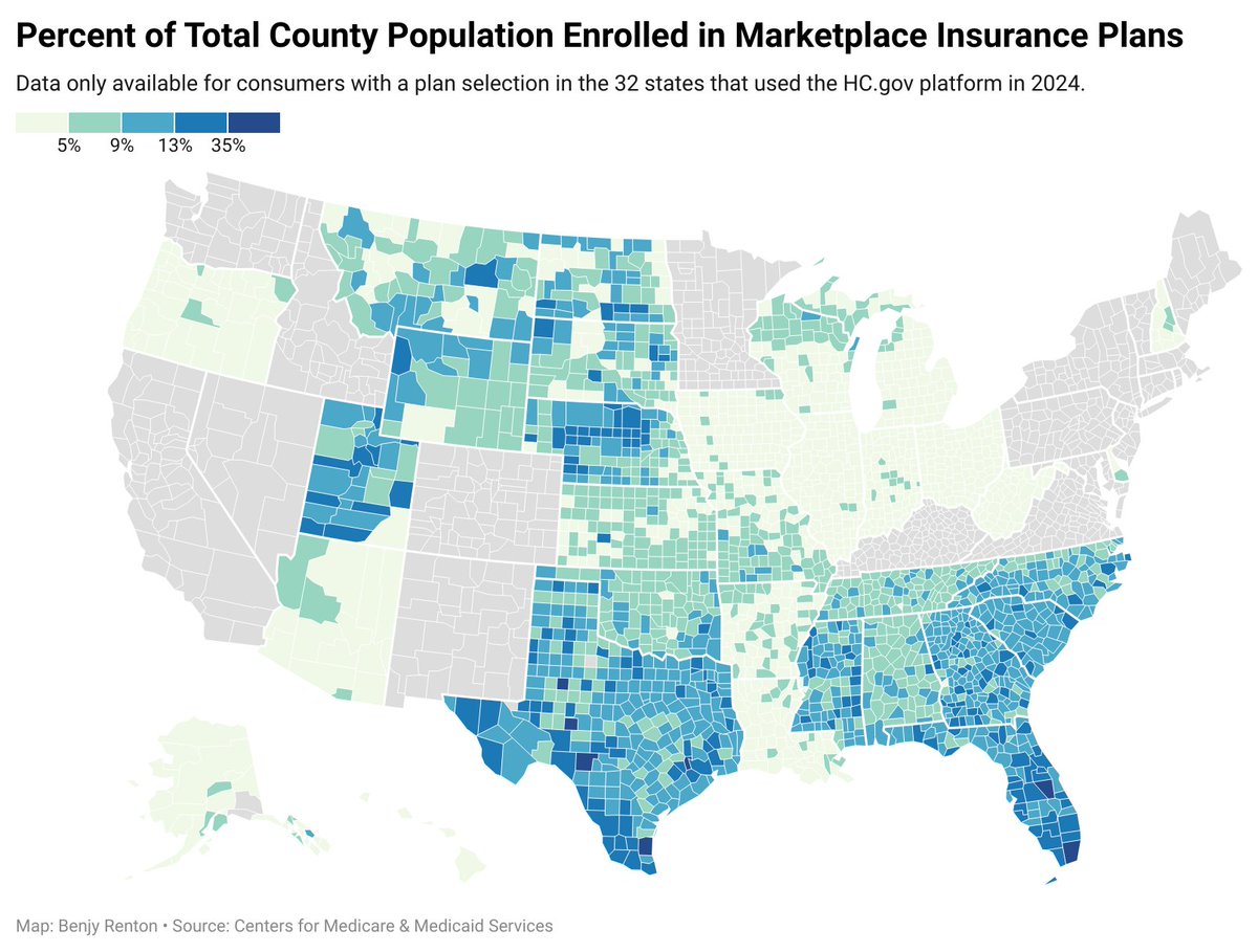 bhrenton's tweet image. Of the 21.4 million people who enrolled in an Obamacare Marketplace insurance plan this year, nearly 1 million of them (949,577 and 4.4% of the total) come from one county:

Miami-Dade County.

An astounding 35% of the county's 2.4 mil residents are on an ACA Marketplace plan.