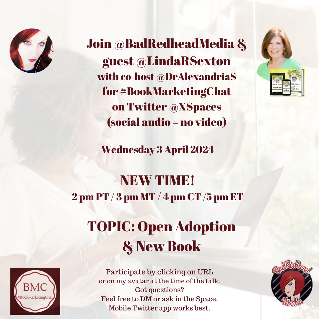 Join me this Wednesday for #BookMarketingChat about THE BRANCHES WE CHERISH: AN OPEN ADOPTION MEMOIR.
Click the link at the time of the Space, 2 pm pst/5 pm est on Wednesday, April 3 (it's recorded if you miss it - listen anytime later!). 
twitter.com/i/spaces/1lDxL…

 #OpenAdoption