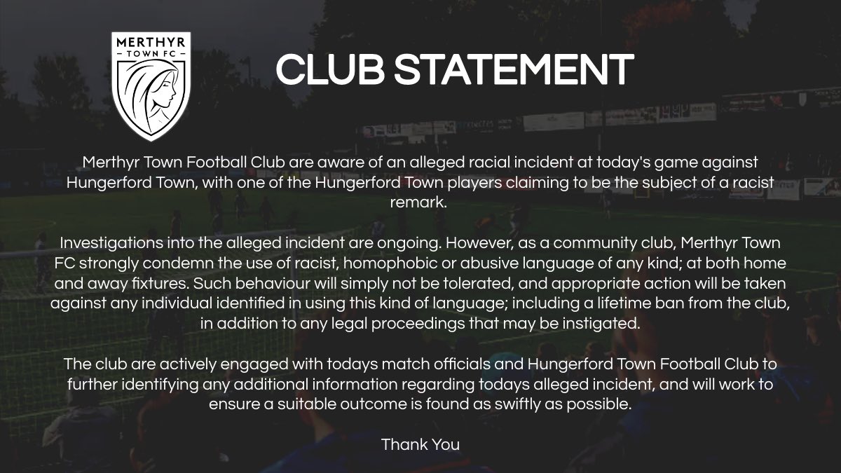 📄 Club Statement | Merthyr Town v Hungerford Town