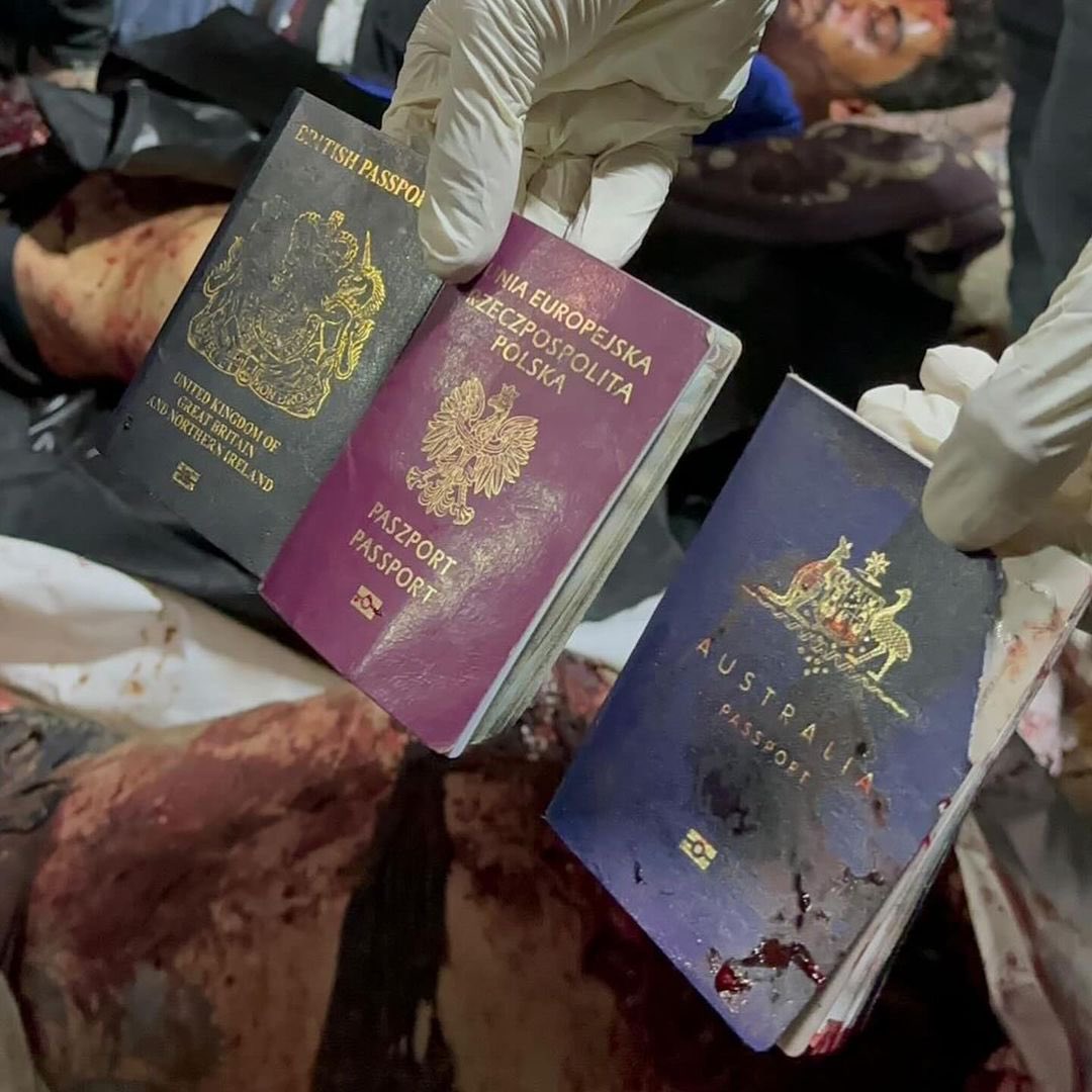 EyeonPalestine's tweet photo. The passports of members of world central kitchen who were killed after the bombing of their vehicle by an Israeli air strike in Deir Al Balah, central Gaza. https://t.co/vswsQfJaKw