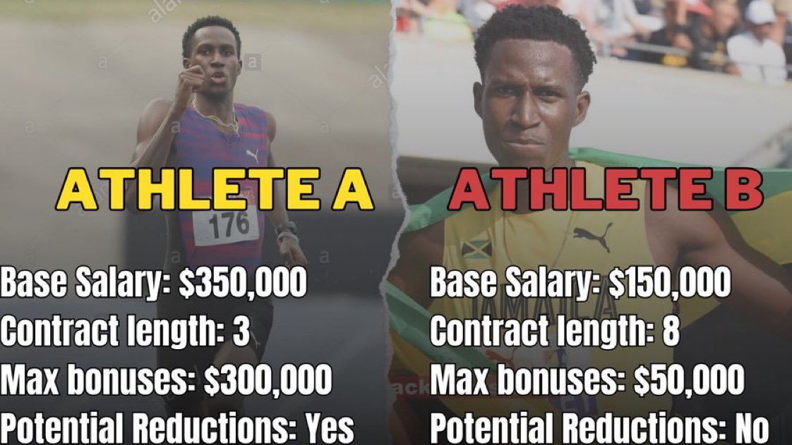 Imagine you're about to turn a professional athlete and signing your first contract fresh off a life changing season What's your opinion 👇 Which athlete has the better deal 🧐 Athlete A or Athlete B