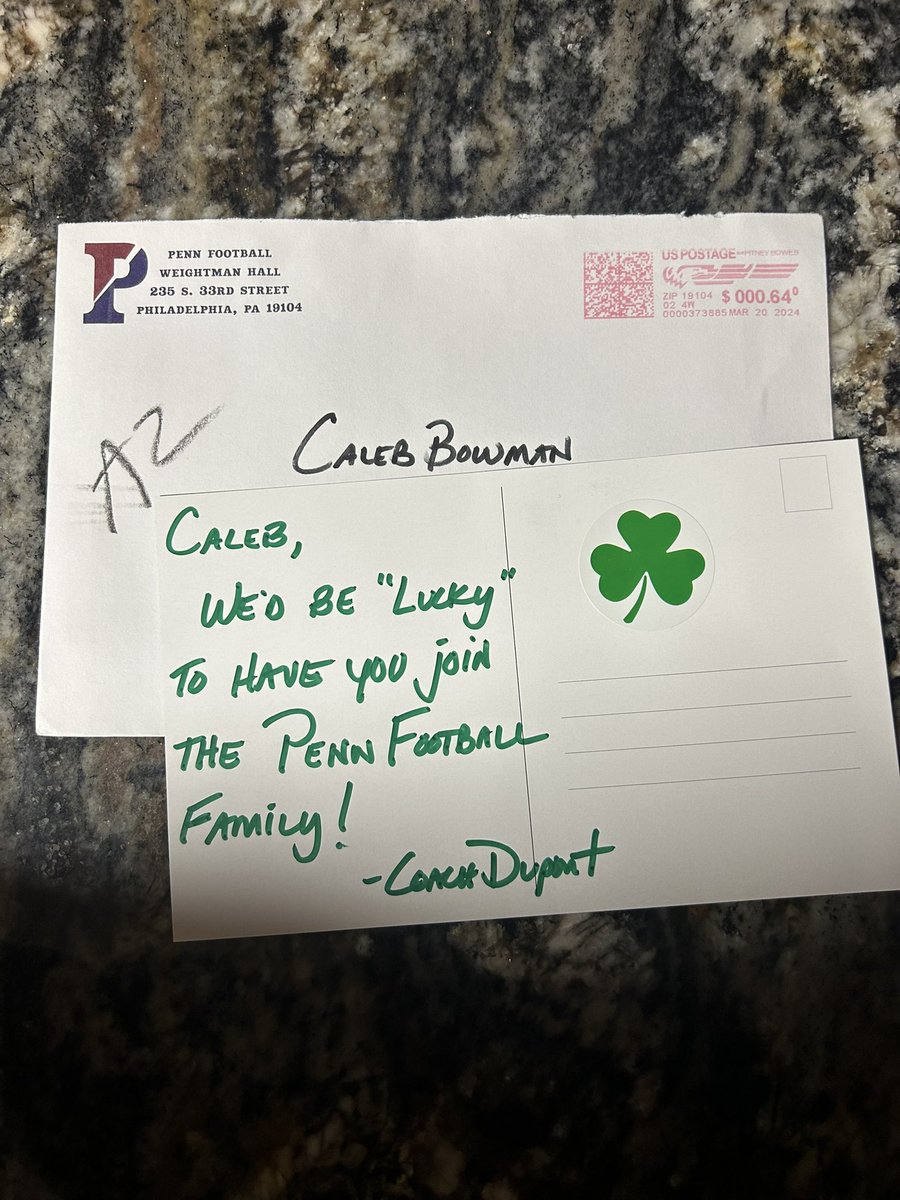 Thank you @CoachDupont for the handwritten letter! I can’t wait to be down in Philly! #BEGREAT @PennFB