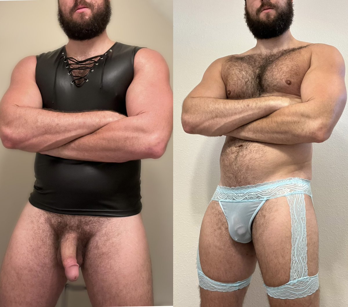 Leather or Lace? #gayjock #chaser #hairy #hairyjock #hairygay #hairymuscle #cum #cock #fuck #gaycouple #chubchaser #chubbychaser #otter #slimforchubby #chaser4bear #chaser4chub #beardedgay #gaybears #gaychaser #findom