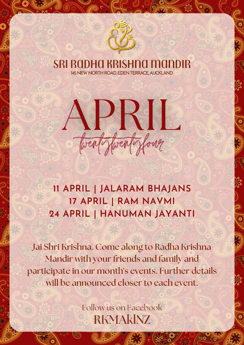 Jai Shri Krishna. Events happening at Sri Radha Krishna Mandir in April 2024. Any changes will be communicated through all social media channels and further details will be posted closer to each date. We encourage you all to join us with your friends and family!