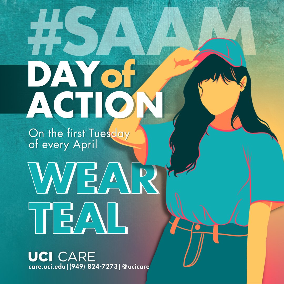 Tomorrow is #SAAM Day of Action! Every first Tuesday of April, you can wear teal to show your support for Sexual Assault Awareness Month as teal is the color that represents sexual violence.

#UCI #UCICARE #teal