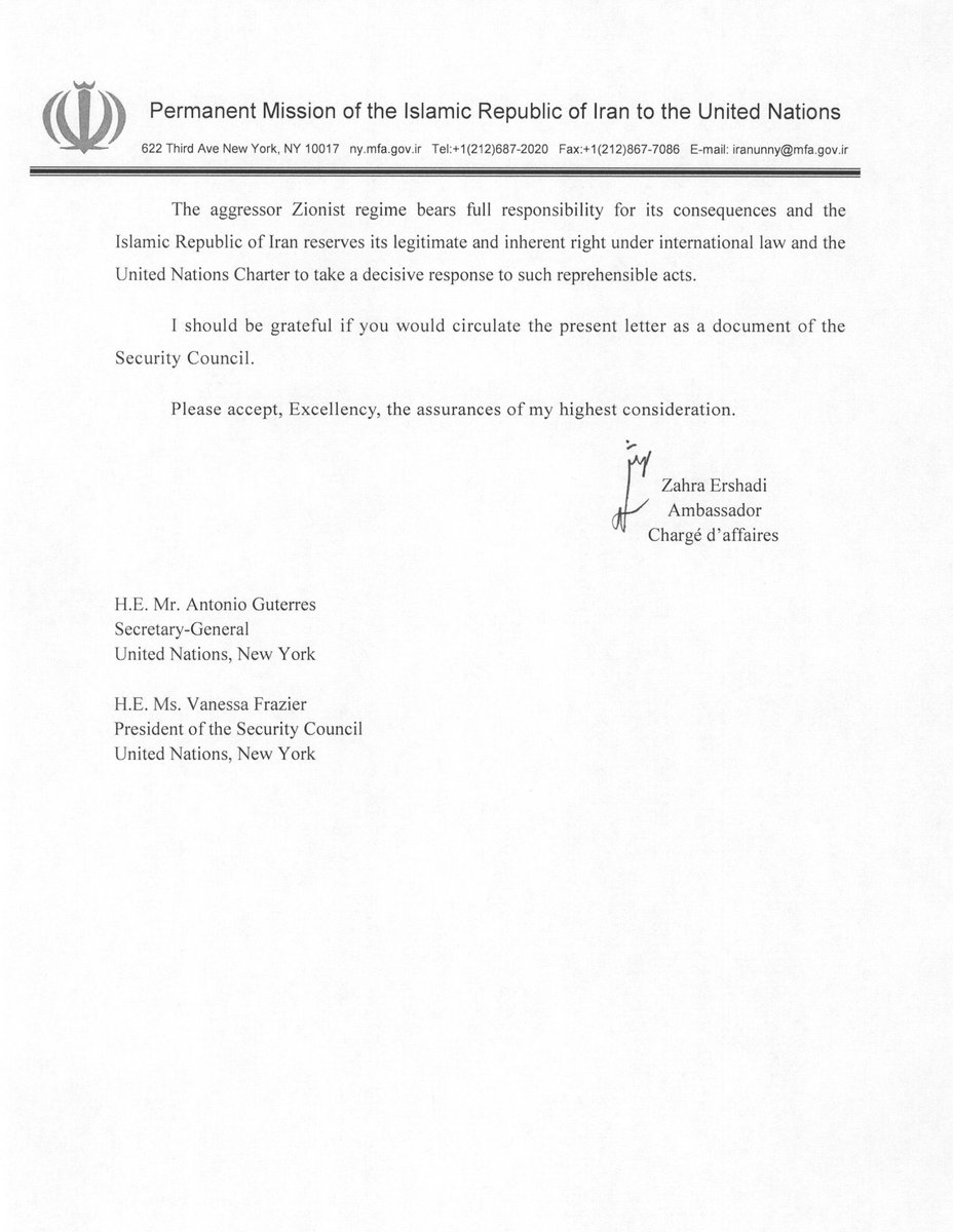 LETTRE. Dans une missive adressée ce lundi 1er avril au Secrétaire général de l’ONU, la mission iranienne aux Nations unies dénonce l’attaque de son consulat à Damas par le « régime israélien  » en tant que « violation flagrante de la Charte des Nations Unies, du droit