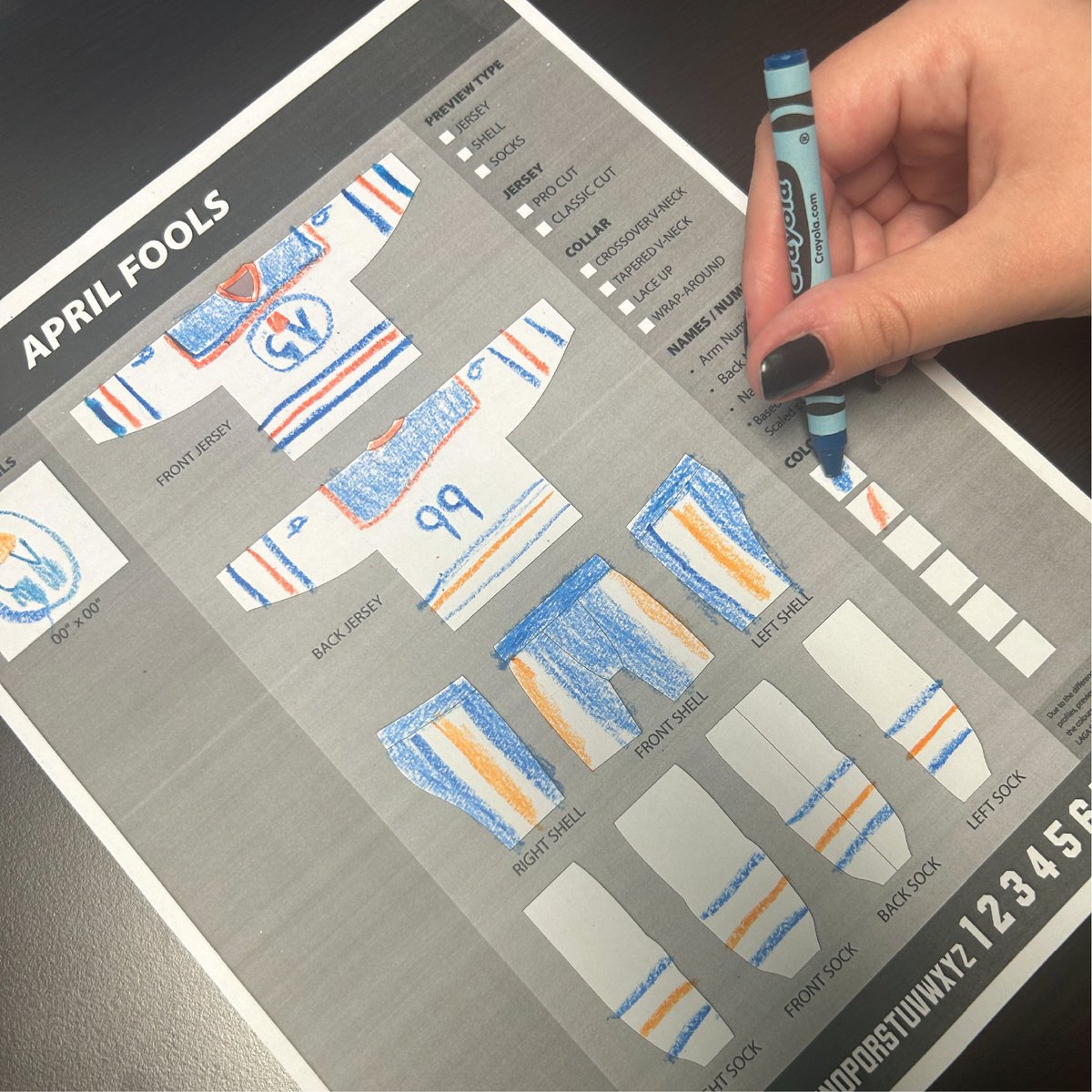 LAGAsports's tweet photo. Making hockey jerseys is an ART FORM, and we're taking it to the next level! Starting tomorrow get ready to see the magic unfold as every LAGA Sports design mock up is meticulously HAND DRAWN by our talented team.

Just kidding. April Fools! 😁😁🎉🎉
#hockey #aprilfools #april1st https://t.co/VedggIHAmd