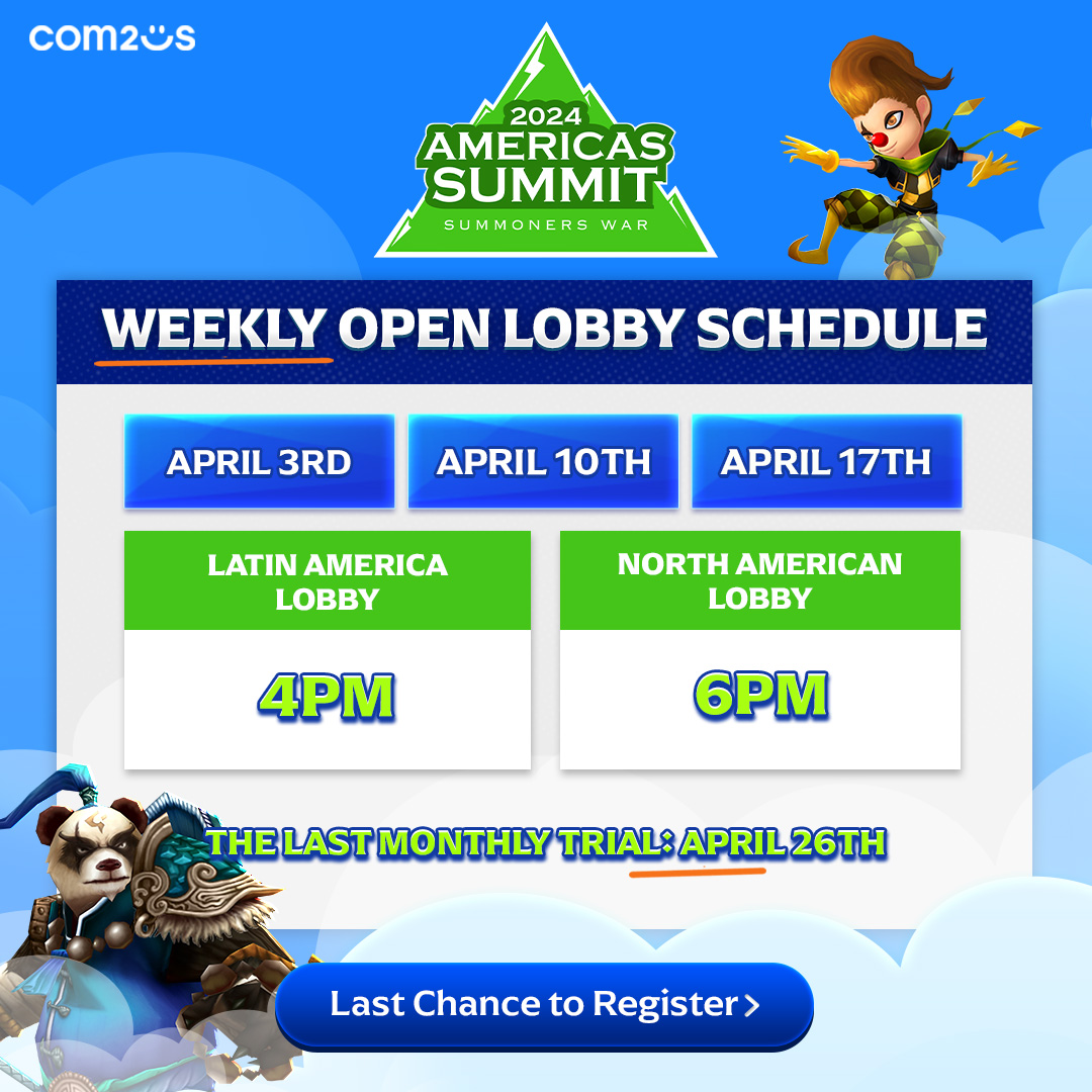 Greetings Summoners! 📜

Here is your open lobby schedule for the month of April🗓️

Good luck everyone, and we hope to see you all for an amazing final month of Americas Summit Trials!🥳