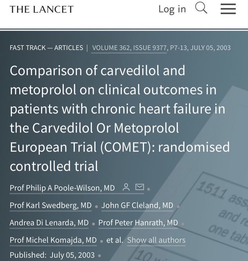 Class effect of beta blockers for heart failure? This trial showed us that unlike ACE inhibitors, beta blockers do NOT have class effect: carvedilol was superior to metoprolol tartrate in this study. COMET Trial, Lancet 2003 ♥️
