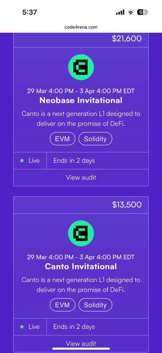 Check out <a href="/code4rena/">Code4rena</a>. 

There are currently two audit invitationals up for two upcoming <a href="/CantoPublic/">Canto</a> primitives.