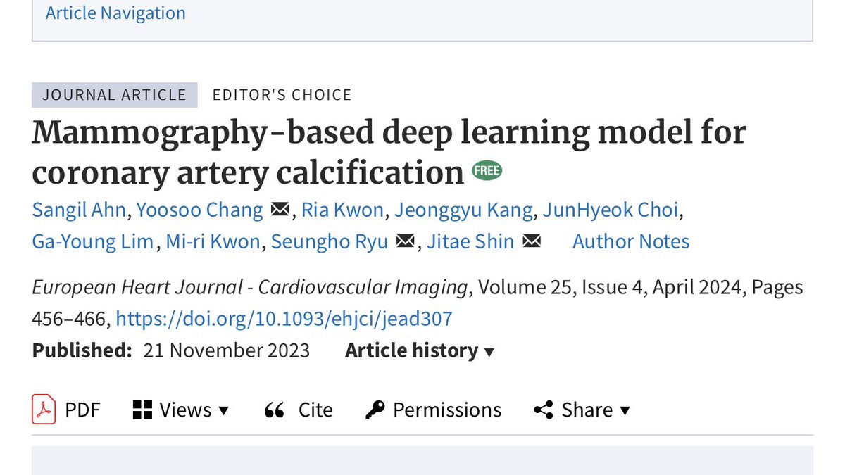 💥 🦣+📊+Y. Don’t waste a single pixel 👾 - another example of 🤖AI-based opportunistic screening. #EHJCVI Mammography-based deep learning model for coronary artery calcification 👉🏼 academic.oup.com/ehjcimaging/ar…