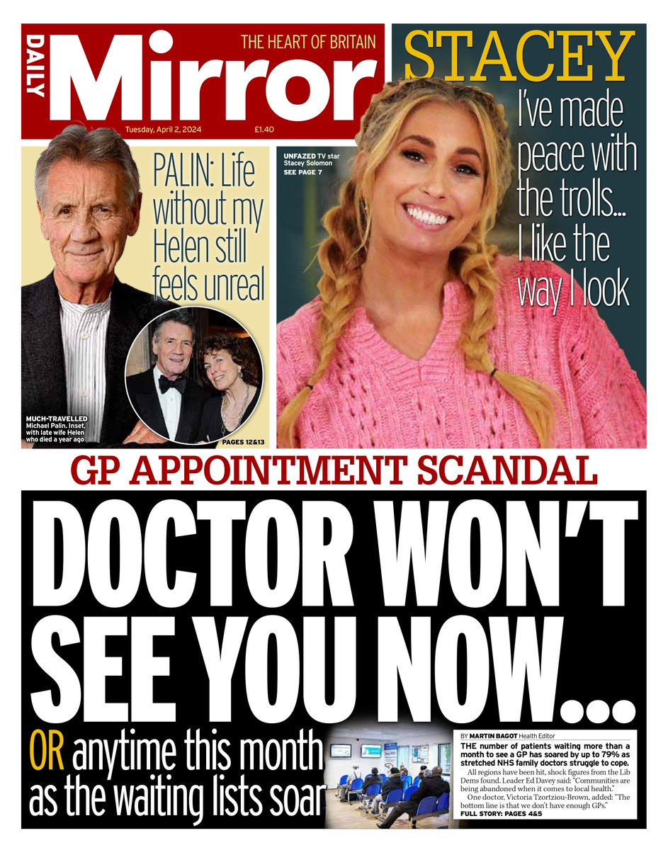 Tuesdays Front Page 📰 The doctor won't see you now... or anytime this month. Read more: mirror.co.uk/news/uk-news/g… #TomorrowsPapersToday