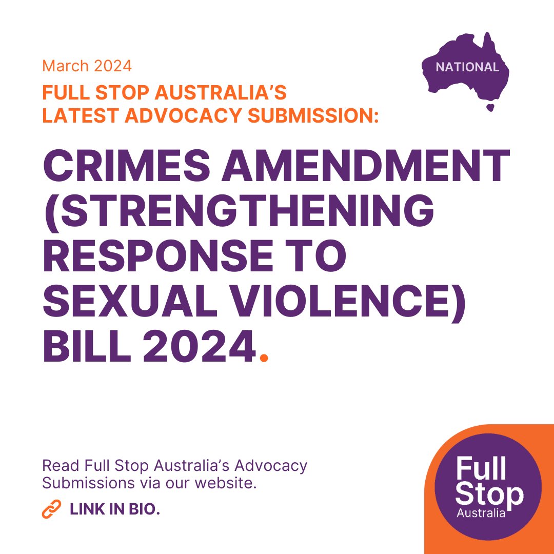 New submission! Full Stop Australia’s Advocacy team has made a submission as part of a proposed amendment to the Federal Crimes Act. Read the full submission on our website. Link in bio.