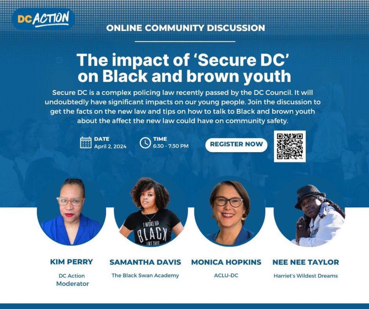 Join us on April 2nd at 6:30p for a community discussion on how ‘Secure DC’ will impact Black and brown youth! Secure DC is a facade and fear legislation, it does not make DC safer, it creates Mass Incarceration. Register: us02web.zoom.us/meeting/regist…