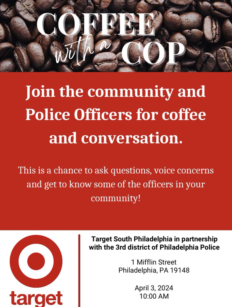 Come join us for Coffee with a Cop at the Starbucks inside Target at 1 Mifflin St on Wednesday April 3rd at 10AM ☕️