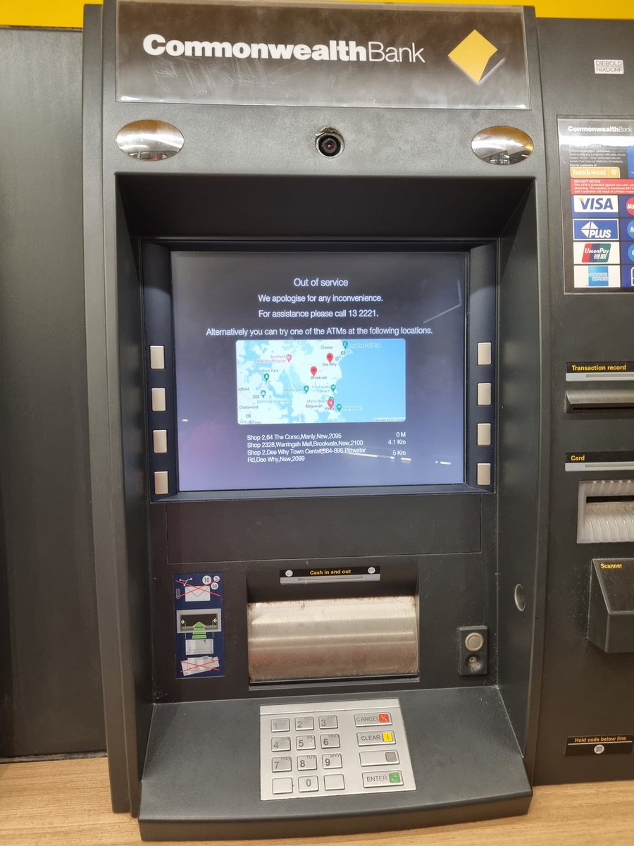 wkd25t's tweet photo. 5 ATMs out of service at Manly at 8.45am on pay with cash day.. https://t.co/IoUDBi83VZ