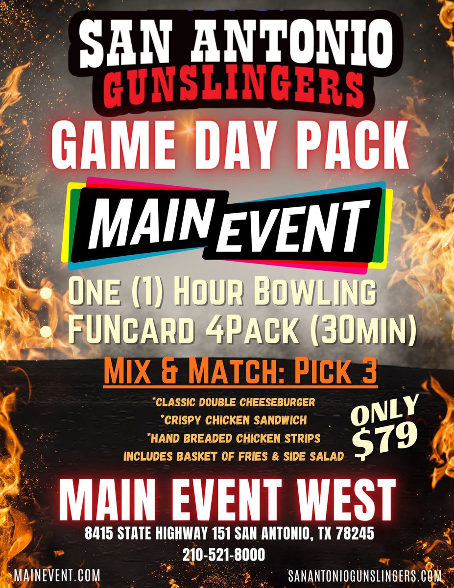 Gunslingers Nation, get ready to lock and load for an epic showdown! 🏈 Join us at Main Event West (8514 TX-151) TONIGHT!! Kick-off is at 8 pm, but get there early!! Enjoy some great food & fun as we cheer on the San Antonio Gunslingers in their first game for the 2024 season…