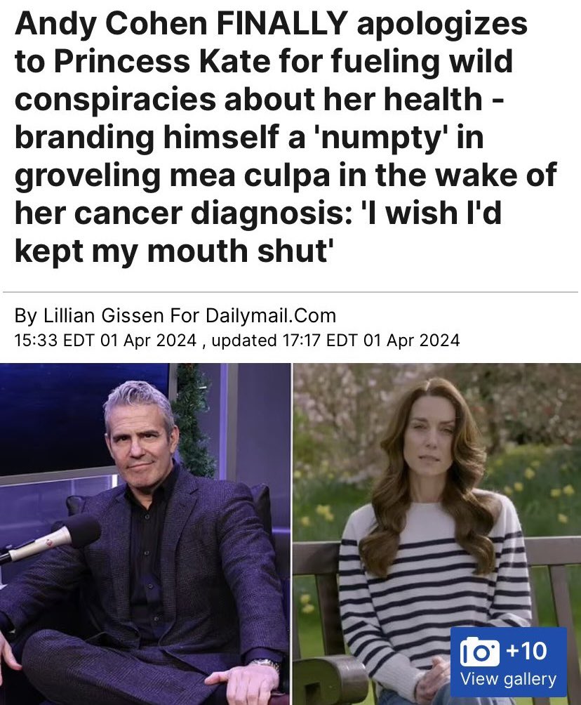 StephanieSidley's tweet image. The apology tour continues with #AndyCohen. He says he waited so long because he wanted to apologize on a LIVE mic. He’s Andy freaking Cohen! He didn’t need to wait just to get ratings for his radio show. Plus, the insult to #PrincessCatherine was on X! 
✅
#IStandWithCatherine