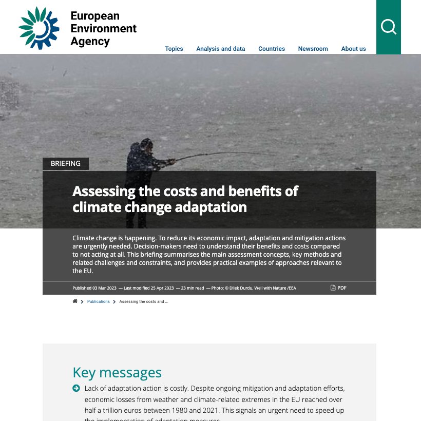 Decision-makers need to understand the costs and benefits of #adaptation action compared to not acting at all. This <a href="/EUEnvironment/">EU EnvironmentAgency</a> briefing summarises important concepts, methods, challenges, and approaches relevant to the #EuropeanUnion. 🇪🇺🌍⤵️ 
cakex.org/documents/asse…