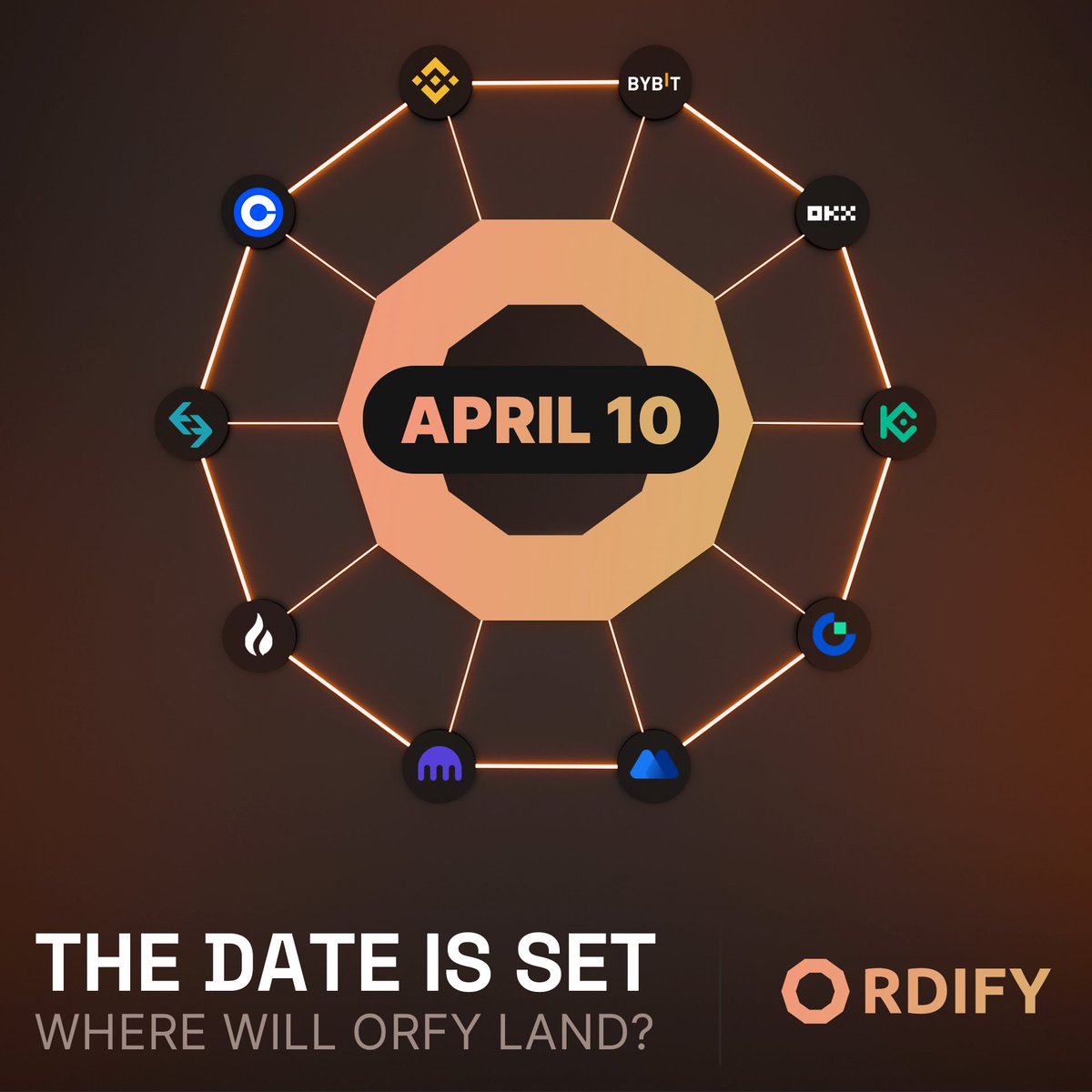 The stage is set: April 10th, 11 AM UTC marks Ordify's grand entry into the market! 🔥📆 Where do you think $ORFY will make its first exchange debut? Drop your guesses below and stay tuned for the reveal! 🔍🚀